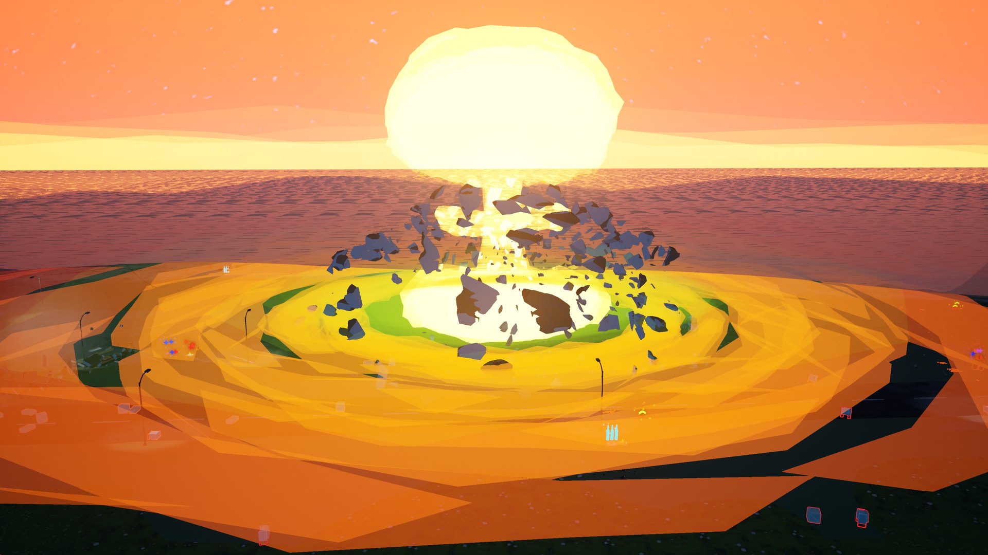 An atomic bomb goes off over the Motel map at night