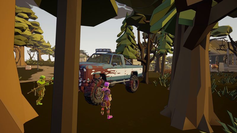 A pickup truck and two clowns in Village